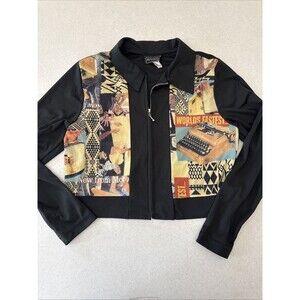 Long Sleeve Zip Up Polo Shirt Black Retro Novelty Crop Juniors Women’s Large